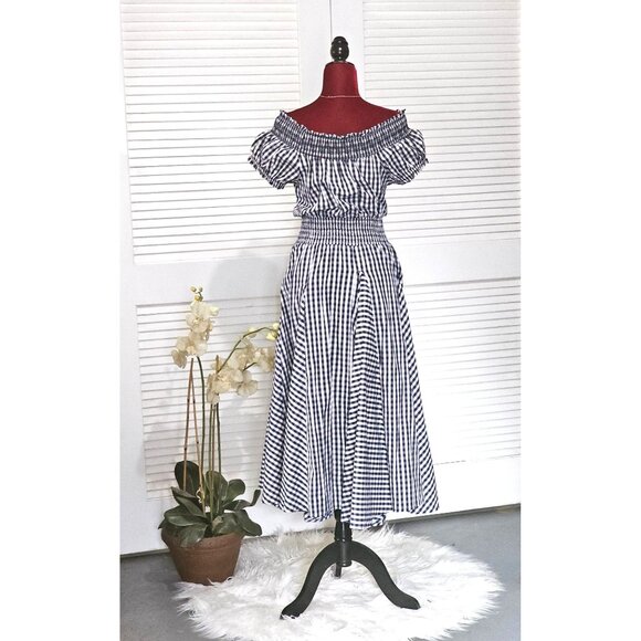 Chelsea & Theodore Women's Blue & White Gingham Off-Shoulder Dress Size M 088 - Picture 8 of 11